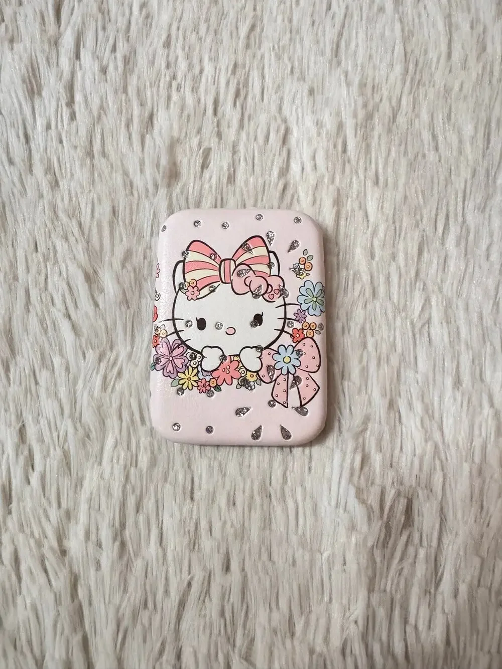Sanrio Hello Kitty pink compact mirror doble side sparkly bow and flowers